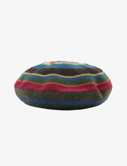 Women's forest green wool, viscose and cashmere beret with multicoloured stripes - Hats | Gallo 1927 - Official Online Shop