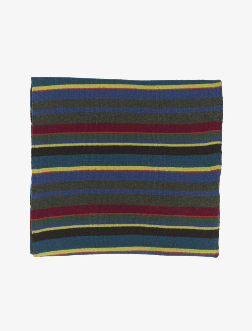 Simple unisex forest green wool, viscose and cashmere scarf with multicoloured stripes - Accessories | Gallo 1927 - Official Online Shop