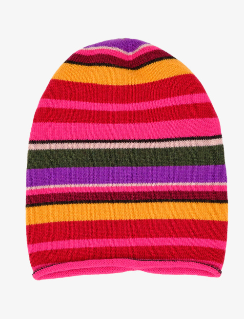 Women's carmine wool, viscose and cashmere long beanie with multicoloured stripes - Special Selection | Gallo 1927 - Official Online Shop
