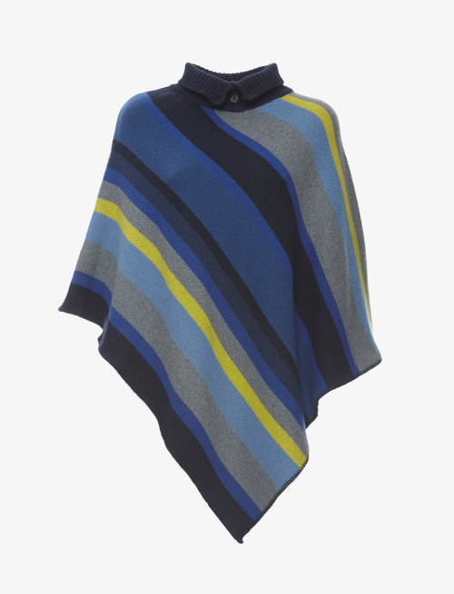 Women's blue wool, viscose and cashmere poncho with slanted multicoloured stripes - Woman | Gallo 1927 - Official Online Shop