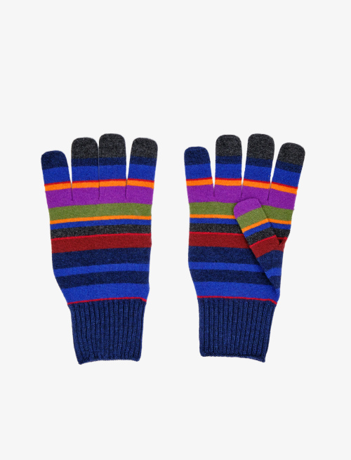 Men's royal blue wool, viscose and cashmere touch-screen gloves with multicoloured stripes - Gloves | Gallo 1927 - Official Online Shop