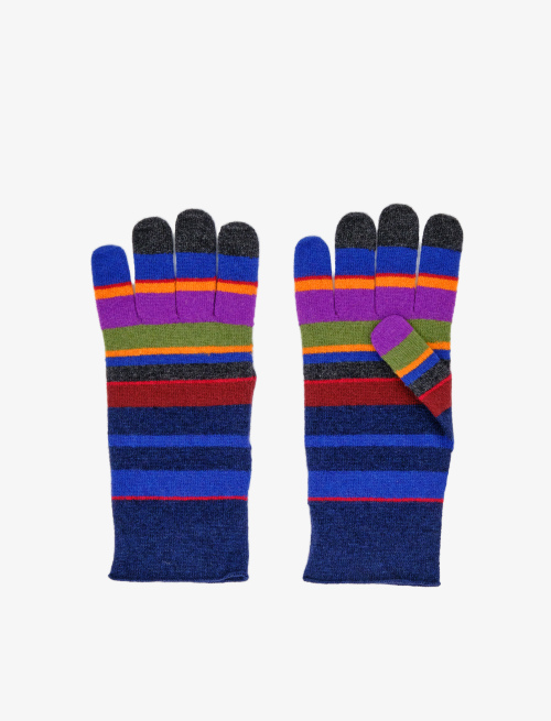 Women's royal blue wool, viscose and cashmere touch-screen gloves with multicoloured stripes - Accessories | Gallo 1927 - Official Online Shop