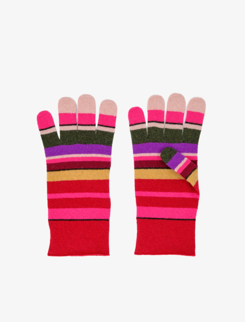 Women's carmine wool, viscose and cashmere touch-screen gloves with multicoloured stripes - Accessories | Gallo 1927 - Official Online Shop