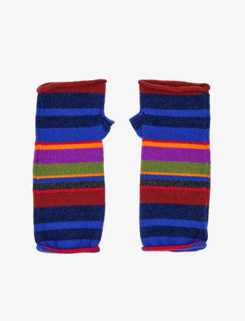 Women's short fingerless royal blue wool, viscose and cashmere gloves with multicoloured stripes - Gloves | Gallo 1927 - Official Online Shop
