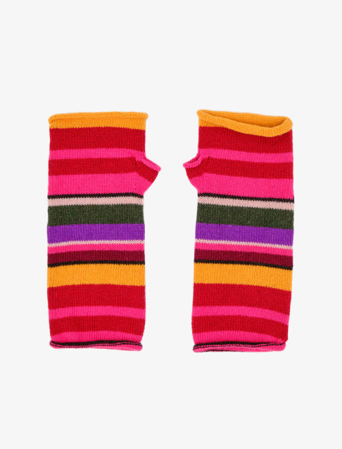 Women's short fingerless carmine wool, viscose and cashmere gloves with multicoloured stripes - Accessories | Gallo 1927 - Official Online Shop