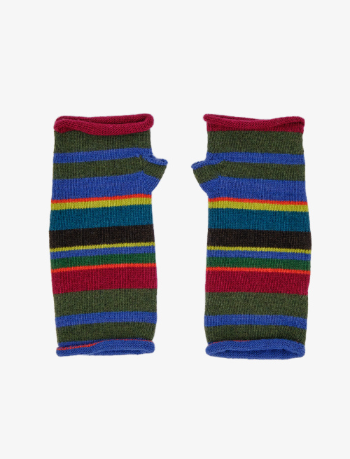 Women's short fingerless forest green wool, viscose and cashmere gloves with multicoloured stripes - Gloves | Gallo 1927 - Official Online Shop