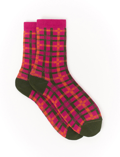 Women's short magenta cotton socks with lurex tartan motif - Woman | Gallo 1927 - Official Online Shop