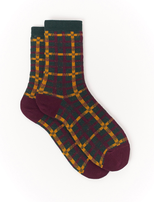 Women's short loden green cotton socks with lurex tartan motif - Woman | Gallo 1927 - Official Online Shop