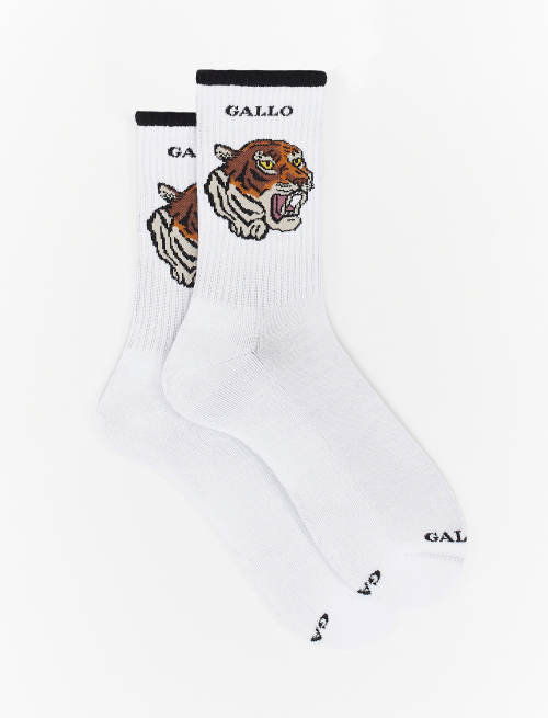 Men's short white cotton terry cloth socks with tiger motif - Special Selection | Gallo 1927 - Official Online Shop