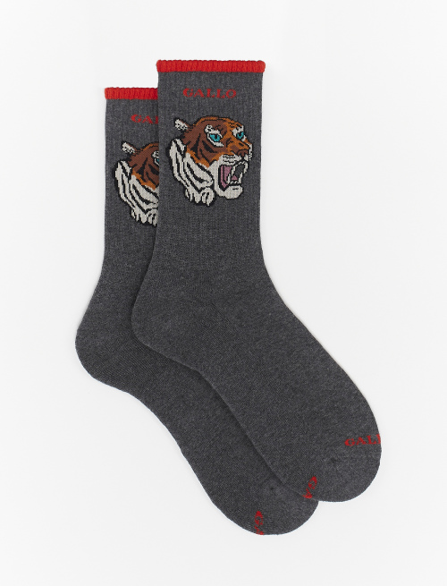 Men's short navy blue cotton terry cloth socks with tiger motif - Special Selection | Gallo 1927 - Official Online Shop