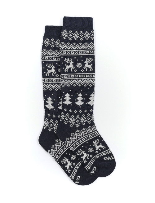Kids' long navy blue cotton socks with decorative Christmas motif - Socks | Gallo 1927 - Official Online Shop