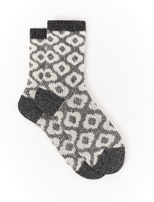 Women's short black wool, cotton and lurex socks with raised diamond motif - Woman | Gallo 1927 - Official Online Shop