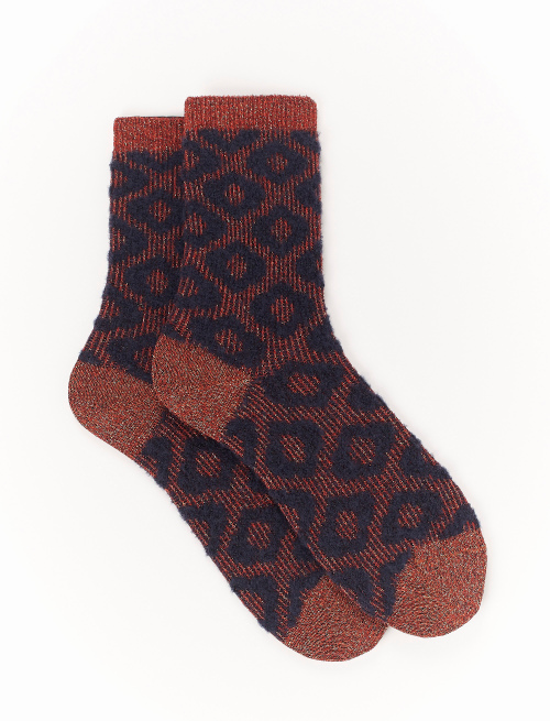 Women's short orange wool, cotton and lurex socks with raised diamond motif - Woman | Gallo 1927 - Official Online Shop