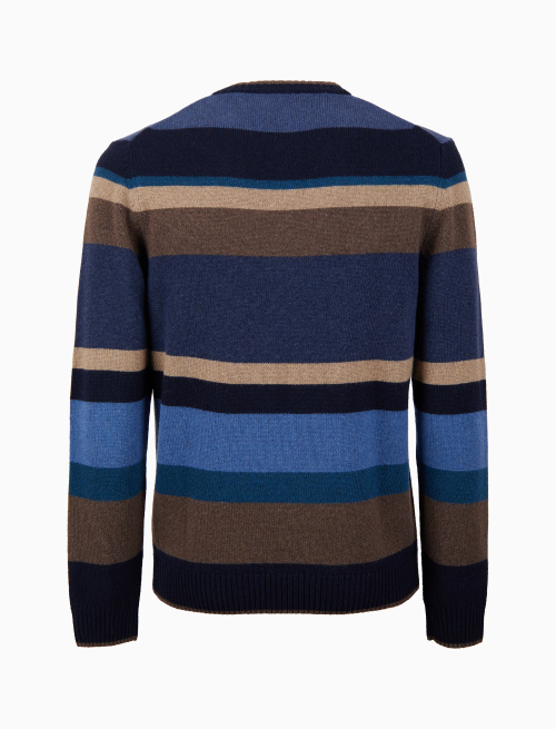 Men's blue wool, viscose and cashmere crew-neck with multicoloured stripes - Clothing | Gallo 1927 - Official Online Shop