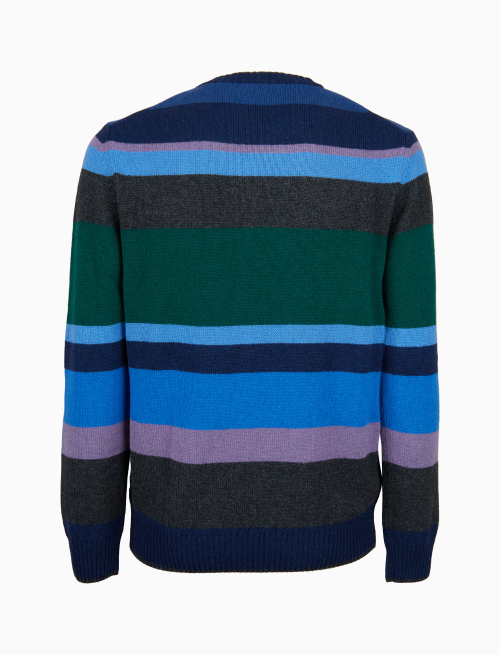 Men's blue wool, viscose and cashmere crew-neck with multicoloured stripes - Clothing | Gallo 1927 - Official Online Shop