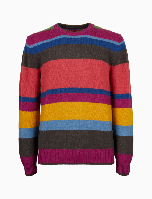 Men's fuchsia wool, viscose and cashmere crew-neck with multicoloured stripes - Knitwear | Gallo 1927 - Official Online Shop
