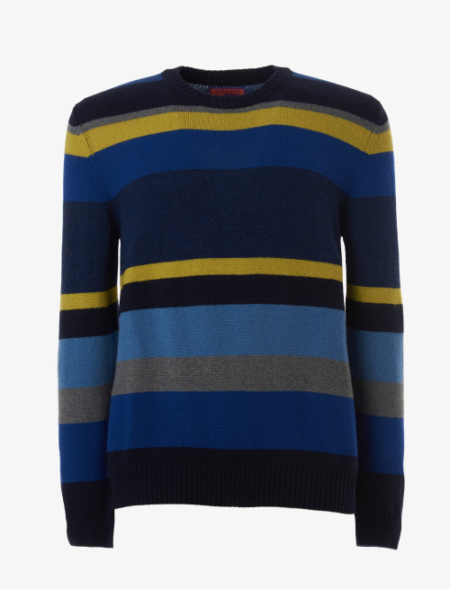 Men's blue wool, viscose and cashmere crew-neck with multicoloured stripes - Second Selection | Gallo 1927 - Official Online Shop