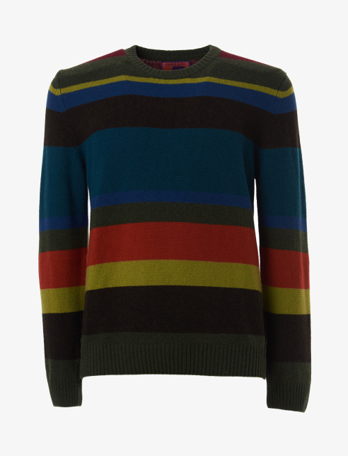 Men's forest green wool, viscose and cashmere crew-neck with multicoloured stripes - Second Selection | Gallo 1927 - Official Online Shop
