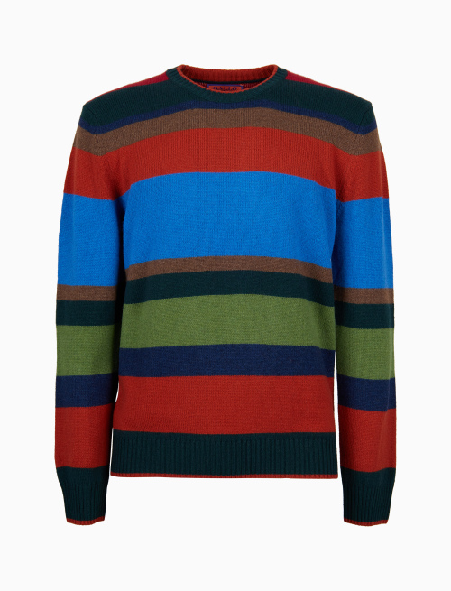 Men's green wool, viscose and cashmere crew-neck with multicoloured stripes - Clothing | Gallo 1927 - Official Online Shop