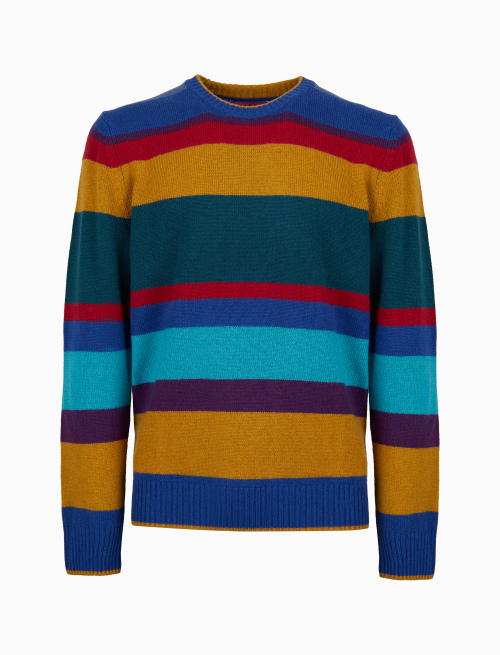 Men's blue wool, viscose and cashmere crew-neck with multicoloured stripes - Knitwear | Gallo 1927 - Official Online Shop