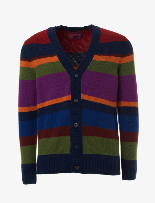 Men's royal blue wool, viscose and cashmere cardigan with multicoloured stripes - Clothing | Gallo 1927 - Official Online Shop