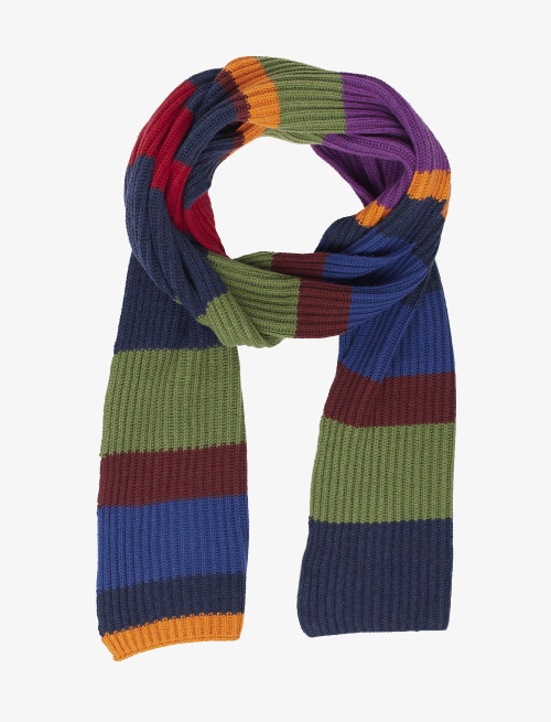 Unisex royal blue wool, viscose and cashmere scarf with multicoloured stripes - Accessories | Gallo 1927 - Official Online Shop
