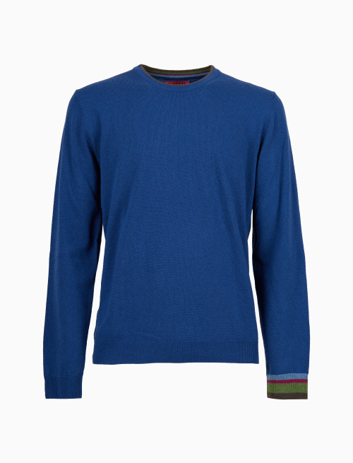 Men's plain blue wool, viscose and cashmere crew-neck - Knitwear | Gallo 1927 - Official Online Shop
