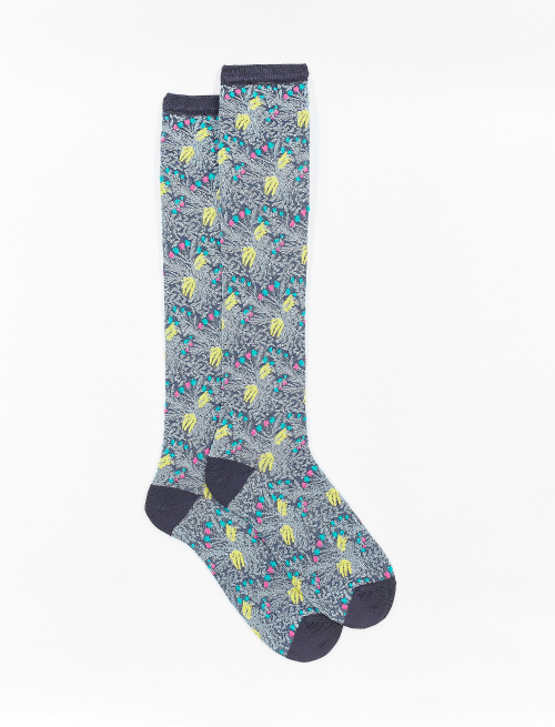 Women's long blue viscose socks with garden motif - First Selection | Gallo 1927 - Official Online Shop