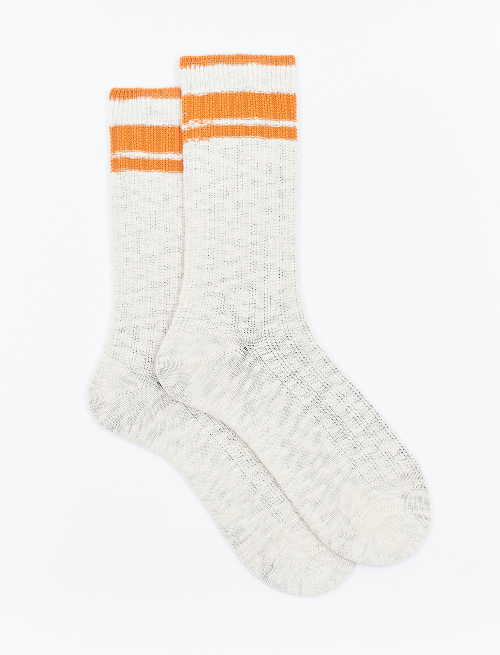 Unisex short plain cord cotton socks with papaya orange stripes on the cuff - Green | Gallo 1927 - Official Online Shop