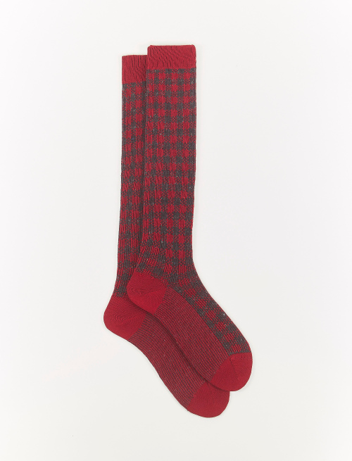 Men's long blood red wool, silk and cashmere socks with check motif - Socks | Gallo 1927 - Official Online Shop