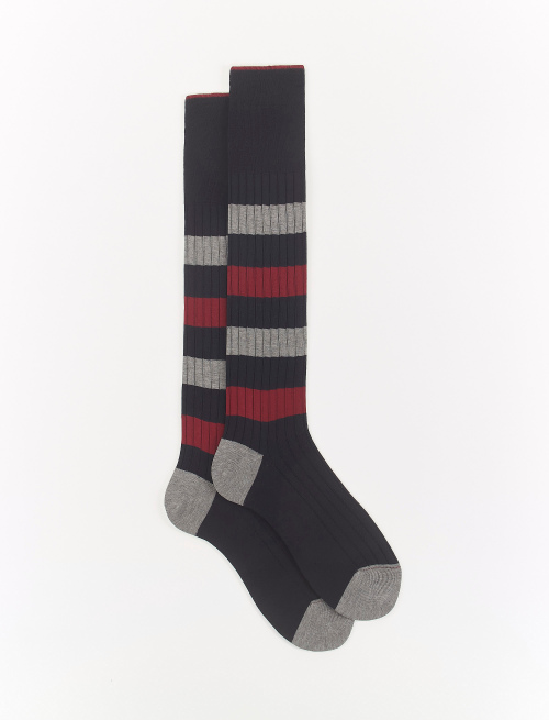 Men's long blue wool and cotton socks with tricolour-striped rib - Special Selection | Gallo 1927 - Official Online Shop