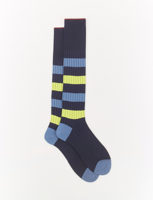 Men's long royal blue wool and cotton socks with tricolour-striped rib - Special Selection | Gallo 1927 - Official Online Shop