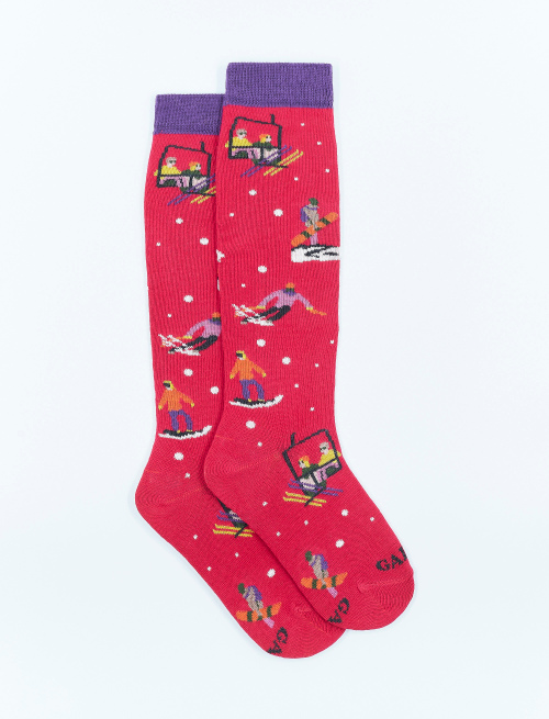 Kids' long carmine cotton socks with skier motif - Kid | Gallo 1927 - Official Online Shop