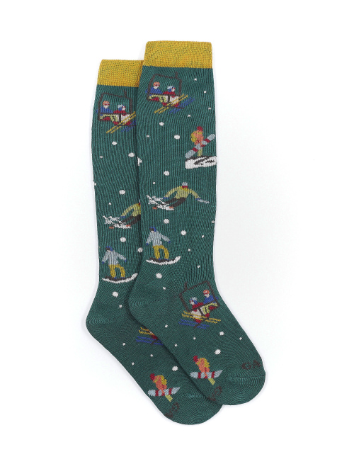 Kids' eucalyptus green long cotton socks with skier motif - Socks | Gallo 1927 - Official Online Shop