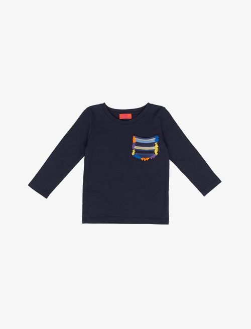 Kids' plain blue cotton T-shirt with long sleeves, pocket and multicoloured stripes - Clothing | Gallo 1927 - Official Online Shop