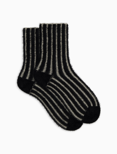 Women's short black polyamide and cotton socks with vertical silver lurex stripes | Gallo 1927 - Official Online Shop