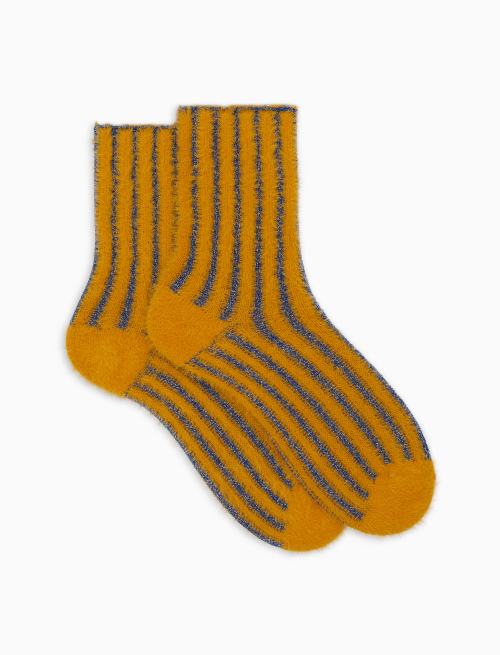 Women's short yellow polyamide and cotton socks with vertical lurex stripes - Short | Gallo 1927 - Official Online Shop