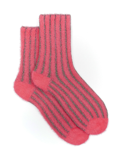 Women's short fuchsia polyamide and cotton socks with vertical moss green lurex stripes - Woman | Gallo 1927 - Official Online Shop