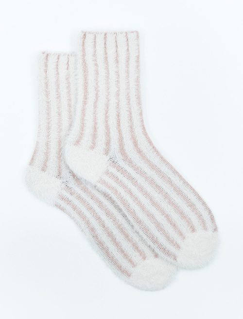 Women's short cream polyamide and cotton socks with vertical lotus lurex stripes - Woman | Gallo 1927 - Official Online Shop