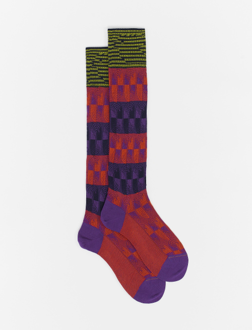 Men's long pumpkin orange cotton socks with colourful oval motif - Socks | Gallo 1927 - Official Online Shop
