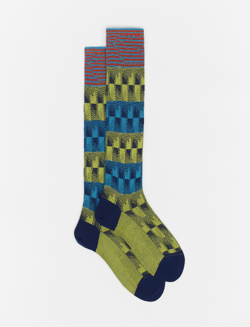 Men's long limoncello yellow cotton socks with colourful oval motif - Socks | Gallo 1927 - Official Online Shop