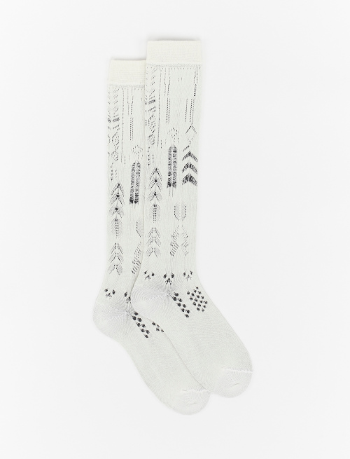 Women's long plain cream cotton and cashmere socks with openwork - Perforated | Gallo 1927 - Official Online Shop