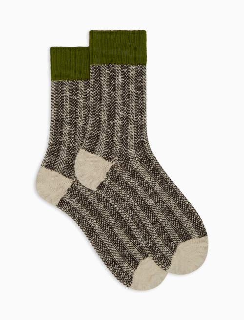 Unisex short brown cotton socks with vertical-stripe Oxford detail - Green | Gallo 1927 - Official Online Shop