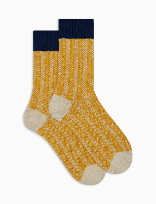 Unisex short yellow cotton socks with vertical-stripe Oxford detail - Green | Gallo 1927 - Official Online Shop