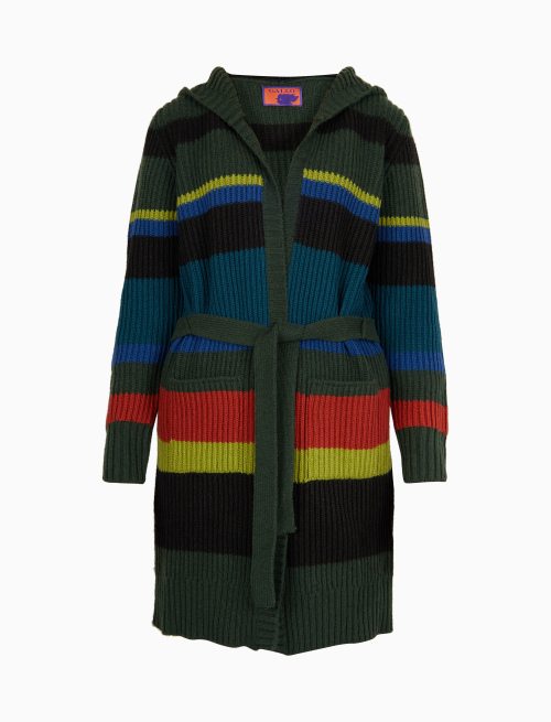 Women's forest green wool, viscose and cashmere coat with multicoloured stripes - Clothing | Gallo 1927 - Official Online Shop