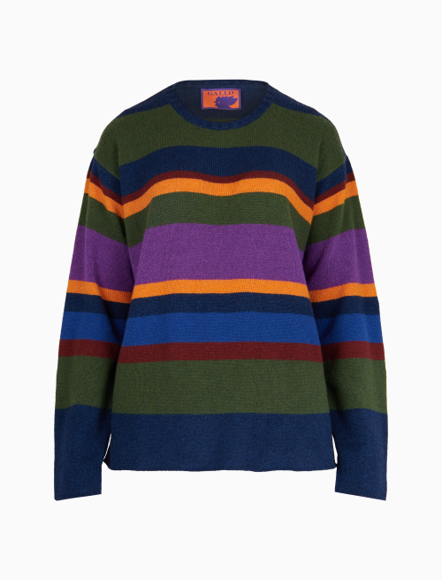 Women's boxy royal blue wool, viscose and cashmere crew-neck with multicoloured stripes - Clothing | Gallo 1927 - Official Online Shop