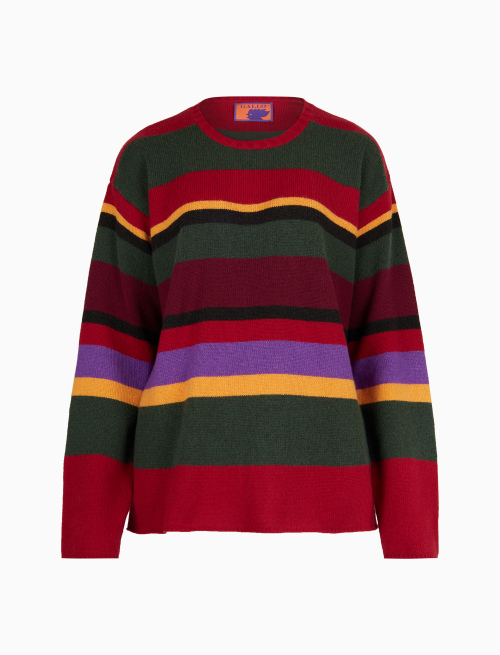 Women's boxy carmine wool, viscose and cashmere crew-neck with multicoloured stripes - Clothing | Gallo 1927 - Official Online Shop