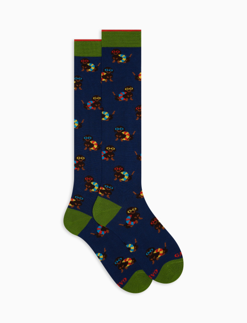 Men's long royal blue lightweight cotton socks with dog motif - Socks | Gallo 1927 - Official Online Shop