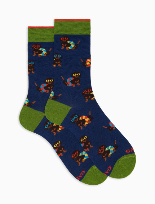 Men's short royal blue lightweight cotton socks with dog motif - Socks | Gallo 1927 - Official Online Shop