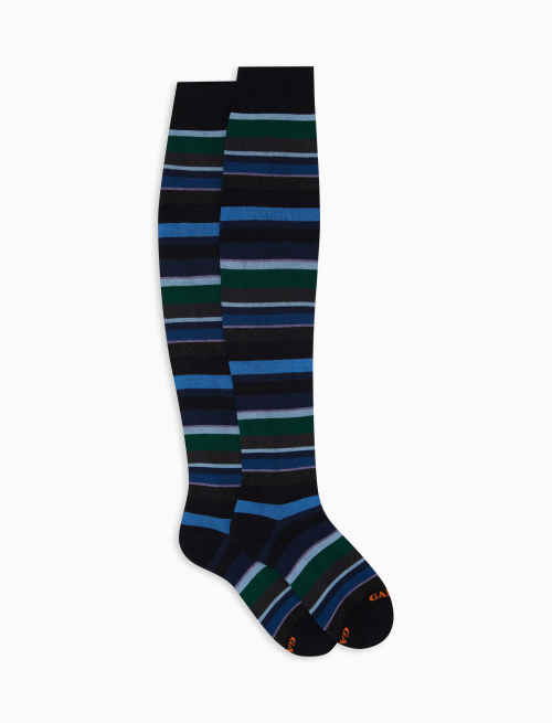 Women's blue thigh-high socks with multicoloured stripes - Parisian | Gallo 1927 - Official Online Shop